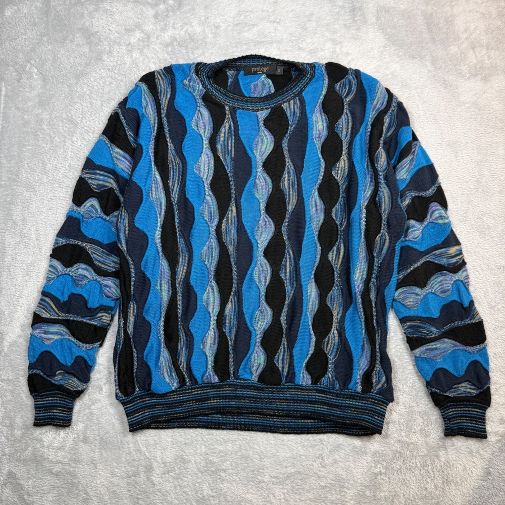 Vintage Protege 3D Knit Sweater Mens XL Blue Coogi Style Abstract Textured 90s